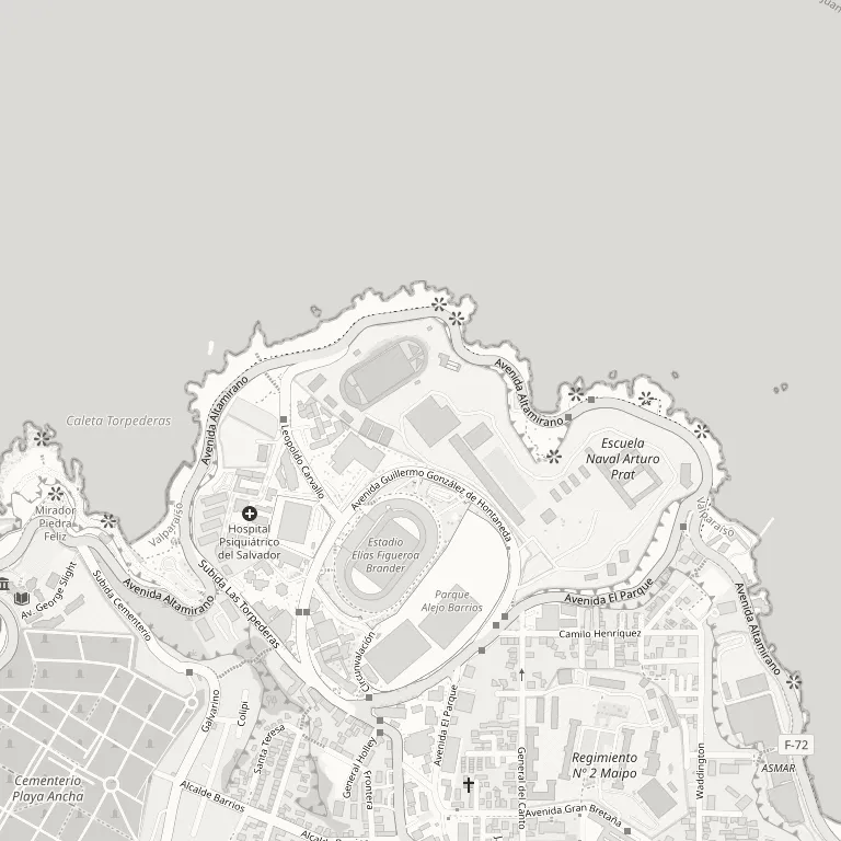 Mapa de Cerro Playa Ancha, Valparaíso, con la ubicación de Facultad de Ciencias Naturales y Exactas en Leopoldo Carvallo 270.